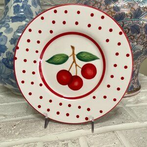 Cherry Plate with Red Polka Dots - 8" - Wall Hangers on back - EUC